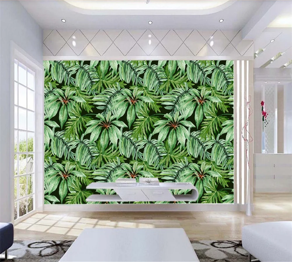 Custom 3D wallpaper mural tropical rainforest plant green banana leaf background wall