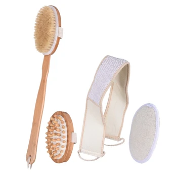 

4Pcs / Set of Loofah Bath Scrub Back Cleanser and Body Brush for Dry Skin Brushes, Natural Bristles and Long Handles-Exfoliating
