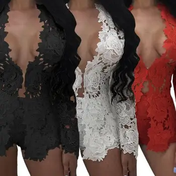 

Sexy Women's Long Sleeve Lace Romper Sets Bodysuit Jumpsuit Two Piece Plus Size