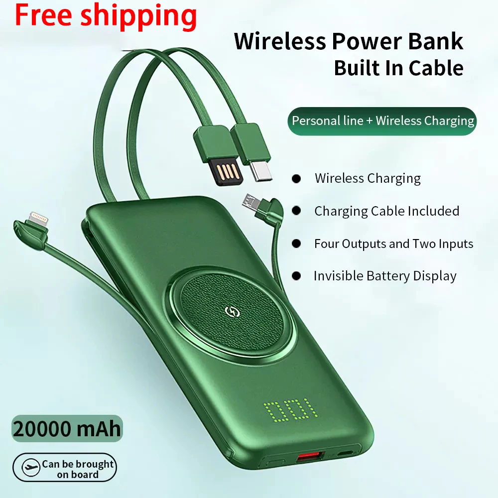20000mAh Qi Wireless Charger Power Bank Built-in 4 Cables Powerbank Portable External Battery For Xiaomi iPhone | Электроника