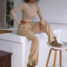 

Dropshipping!1 Set Women cropped top solid color straight leg two-piece high collar top stretch waist pants suitable for fitness