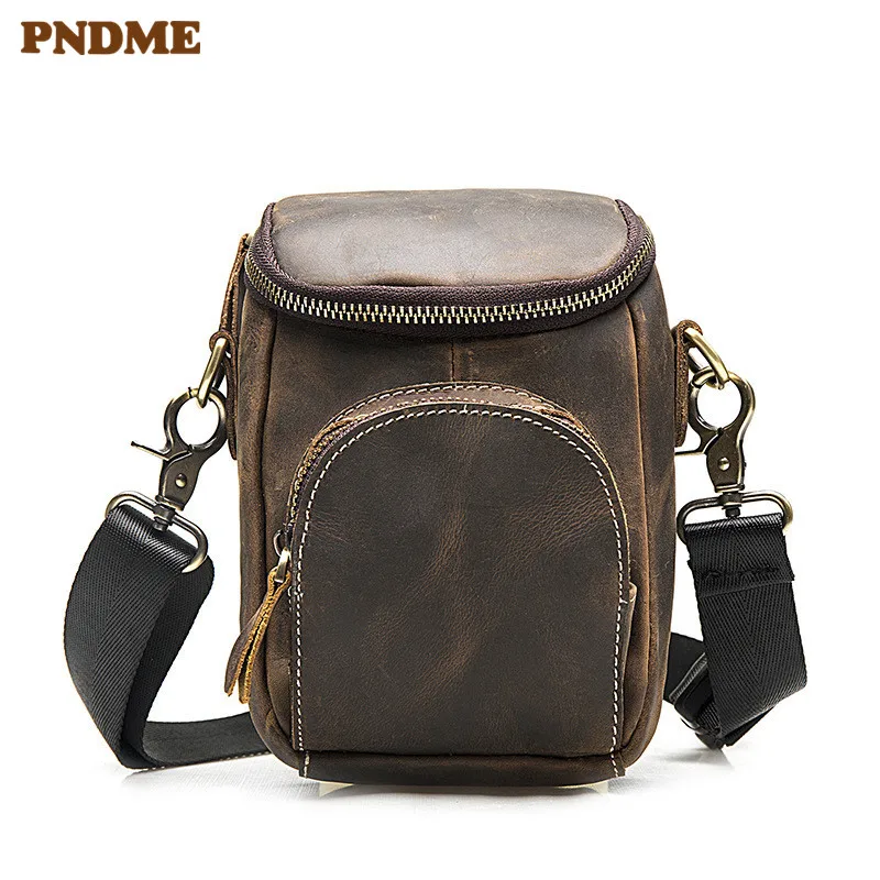 

PNDME vintage crazy horse cowhide men's waist packs simple genuine leather multi-function small phone shoulder messenger bags