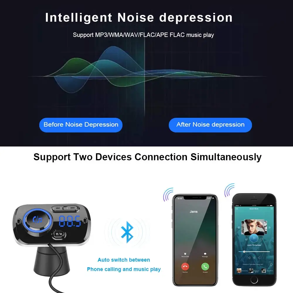 Bluetooth 5,0 автомобильный комплект громкой связи fm-передатчик беспроводной QC3.0/2.4A USB Автомобильное зарядное устройство комплект поддержка 2 мобильных телефонов подключение TF USB