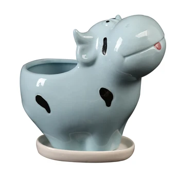 

1pc Flowerpot Ceramic Cow Succulent Planter Potted Plant Container Landscape Supplies with Tray