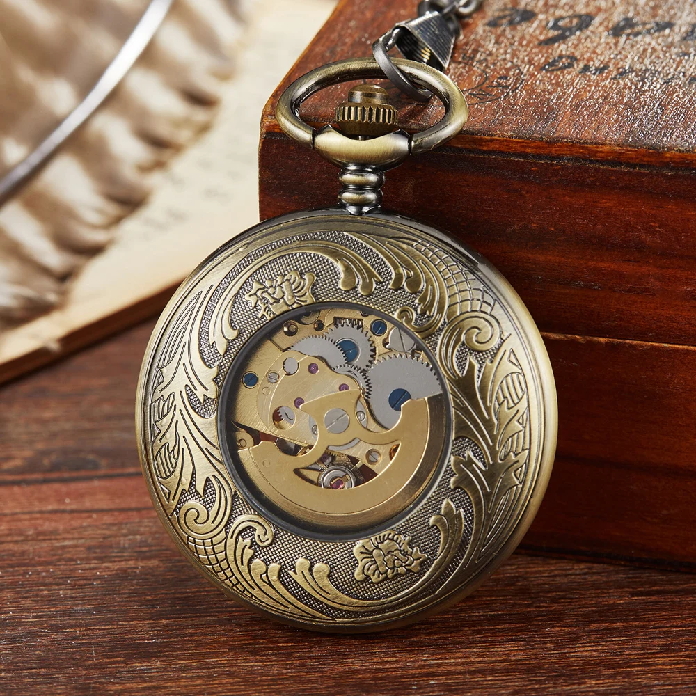 Luminous Skeleton Mechanical Pocket Watch Cover Fob Chain Gift Men Steampunk Pendant Gifts Women