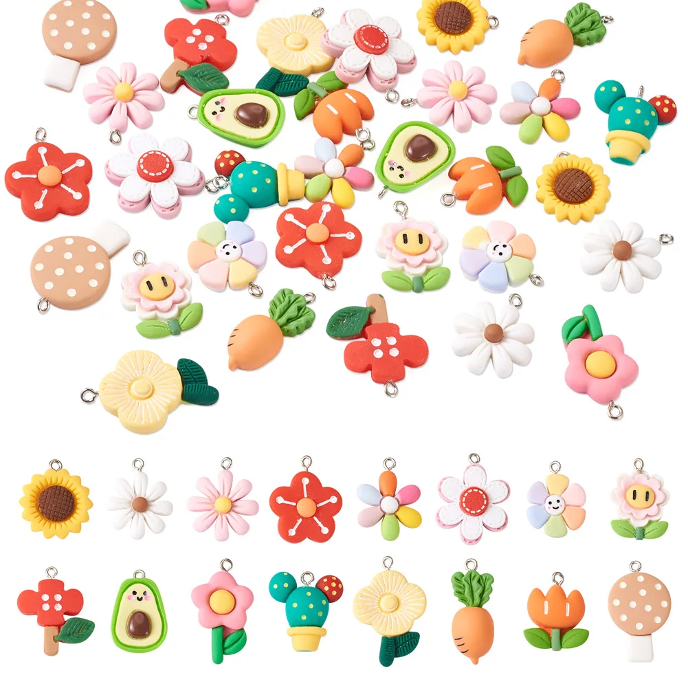 

32Pcs Mixed Resin Pendants Sunflower/Mushroom/Carrot/Cactus/Flower Shape Charms For Keychain Necklace Earring DIY Jewelry Making