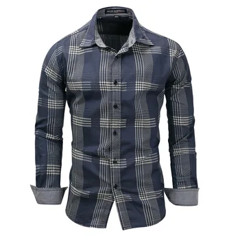

Hot men's 100% Cotton plaid shirt Casual Long Sleeve Shirt Denim style Washed men Long Sleeve Patchwork Plaid Denim Dress shirt
