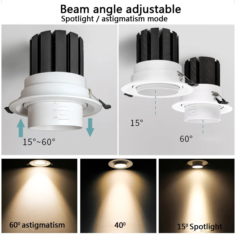 Светодиодный вниз светильник с переменным фокусным расстоянием с регулируемым углом наклона 15/45/60 градусов встраиваемый 5W 10W 12W 20W 30W COB Светодиодный точечный потолочный светильник AC90-265V