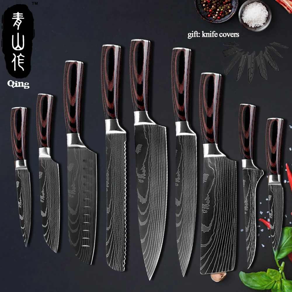 Qing High Quality Japanese Kitchen Knives Cutlery Set Stainless Steel Laser Damascus Pattern Chef Knife Tool Gift Covers | Дом и сад