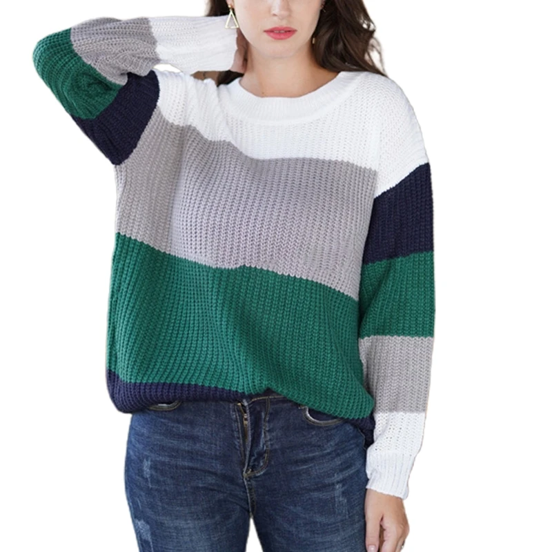 

Women Crew Neck Long Sleeve Sweater Color Block Striped Crochet Knitted Pullover Tops Casual Loose Rib Trim Jumper Shirt