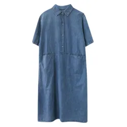 Vestido vaquero de talla grande para mujer, Vestido Retro de manga corta, largo, liso, suelto