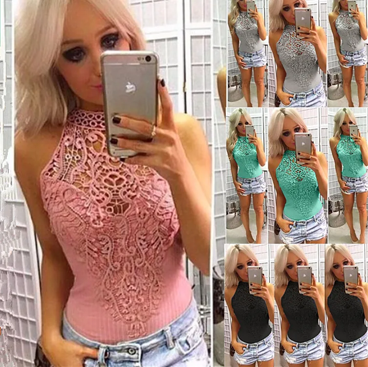 

Halter Women Lace Embossed Floral Bodycon Bodysuit Hollow Sleeveless Romper Patchwork Sexy Skinny Casual Jumpsuits