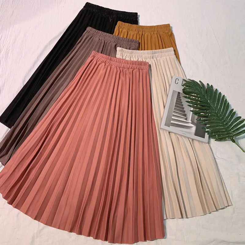 Элегантная однотонная плиссированная юбка миди для женщин осень зима Женская Корейская Высокая талия трапециевидная школьная длинная юбка для женщин