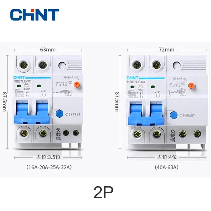 Protector de fugas CHINT 1P + N 2P serie NBE7LE peque�os disyuntores tipo C Protector de cortocircuito 16A 20A 25A 32A 40A 63A