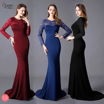 

Queen Abby Mermaid Evening Dress Long Illusion Scoop Lace Floor-length Dress with Sweep Train Backless Zipper Dress for Party