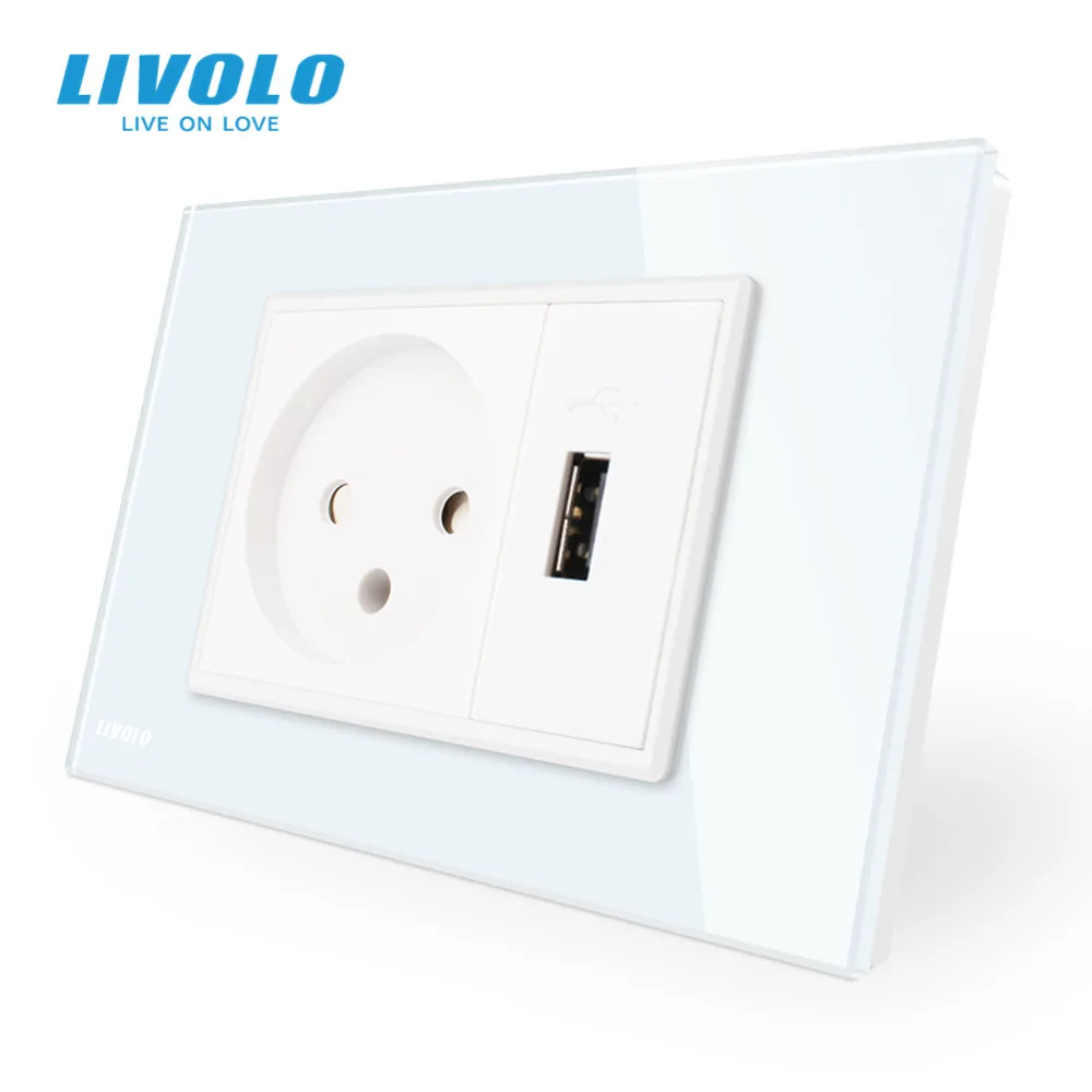 Настенная розетка Livolo с зарядным устройством Usb белая/черная стеклянная панель AC