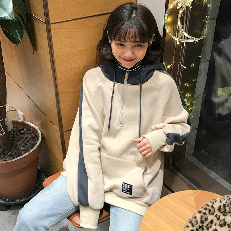Новинка Harajuku, Женская толстовка, корейская мода, пэчворк, длинный рукав, с капюшоном, толстовки, пальто, женские, повседневные, карманы, Свободный пуловер