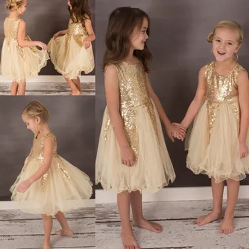 

Bling Bling Gold Flower Girl Dress for Wedding Knee Length Tulle Sleeveless Child Party Dresses for Girls Pageant Gown
