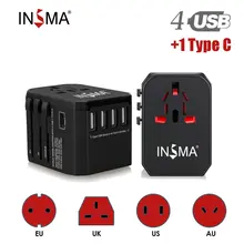 Всемирно известный адаптер для путешествий Электрический Вилки розетки 4 USB 2.4A Порты и разъёмы+ Тип-C Мощность адаптер Универсальный адаптер переменного тока в постоянный ток стены Зарядное устройство для ЕС/США/Австралии/Великобритании