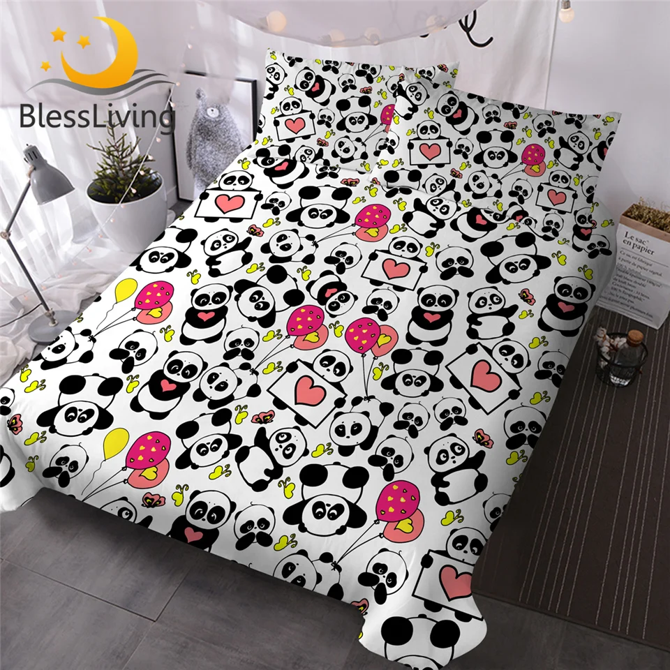 

BlessLiving Pandas Bedding Set Queen Size Cartoon Duvet Cover for Kids Snow Christmas Tree Home Textiles Animal Bedclothes 3pcs