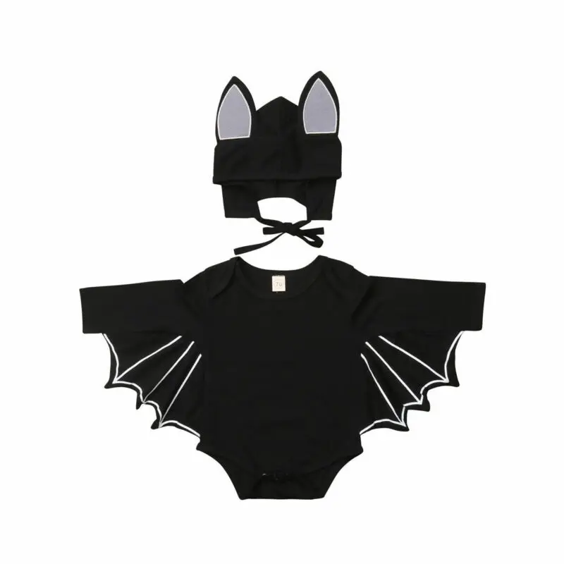 Halloween Bat Romper Hat Outfits Newborn Infant Baby Boys Girls Toddler Kids Cosplay Costume Set Clothes 0-18M