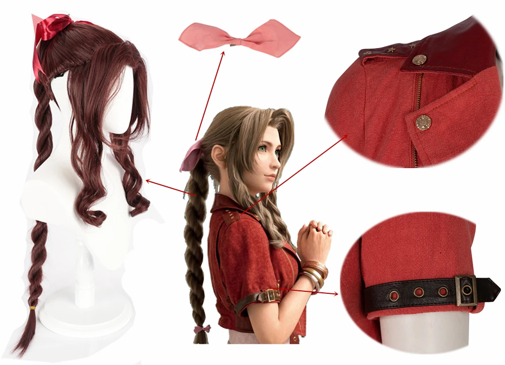 Горячая игра последняя фантазия VII Aerith Косплей Костюм Хэллоуин розовая клетка кружева платье короткий топ шпилька neklace парик для женщин Девушка