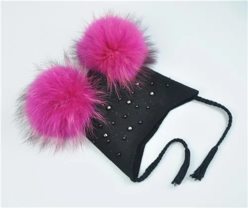Black rose fur Детские теплые зимние шапки, двойная вязаная шапка из Ангорского меха с помпонами для маленьких мальчиков и девочек, шапка с помпонами из натурального меха енота - Цвет: Black rose fur