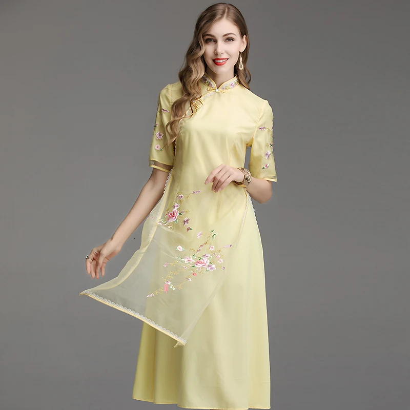 Flower Embroidery Lace Splice Long Dress Chinese Style Short Sleeve Vintage Cheongsam Qipao Autumn Split Organza Dress Pink