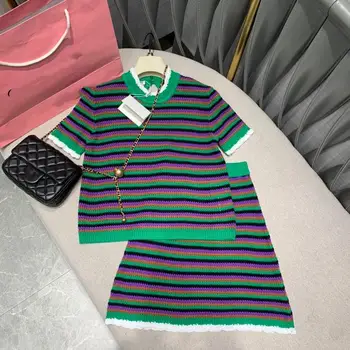 

High 2020 New Runway Fashion Knit Color Patchwork Suits Women O-Neck Short Sleeves Sweater + Waist Elastic A-Line Mini Skirt