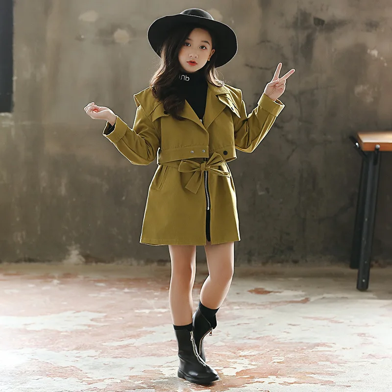 

Big Girls Cotton Windbreaker Children Coat Teens Zipper Trench 2pcs Set Overcoats Child Spring Outwear Autumn Long Clothes CL177