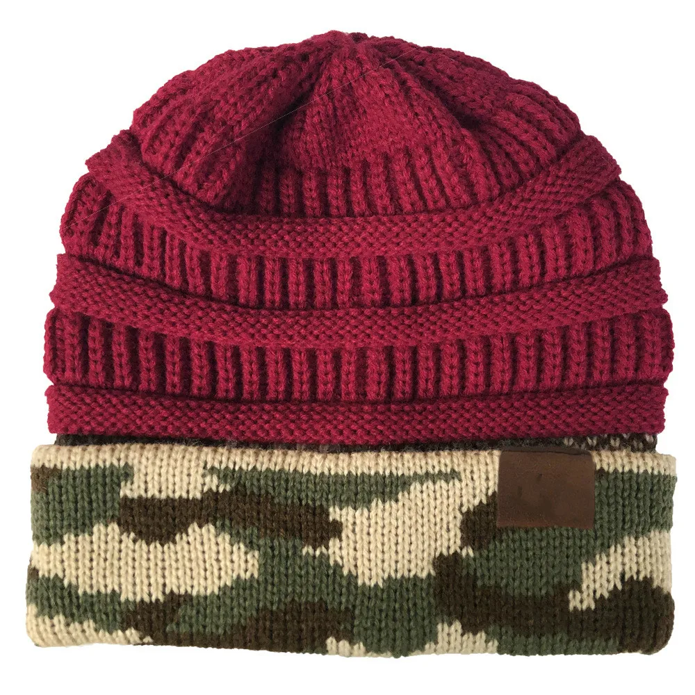 New Fashion Woman Winter Warm Hat Knit Thick Camouflage Stitching Hat Cashmere Beanies Unisex Accessories Cap - Color: 3