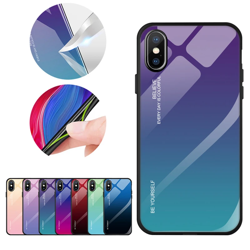 

Colorful Gradient Tempered Glass Case For iPhone 11 Pro Max X XS XR Max 7 8 6 6S plus Phone Protective Case Cover Luxury Coque