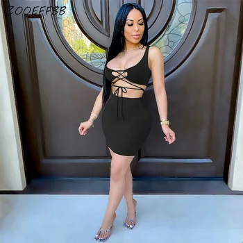 

ZOOEFFBB New Summer Two Piece Set Women Bodycon Sleeveless Bandage Women Outfit Sets Hip Package Sexy Club Outfits