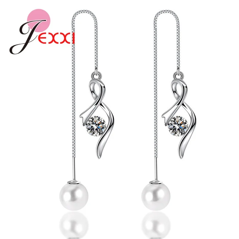 

High Quality 925 Sterling Silver Pearl Earrings Long Tassel Shiny Cubic Zirconia Pendant Romantic Earrings For Sale