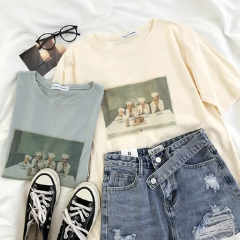 

Vintage Oil Painting Chef Pattern Print Beige Green T Shirt Women Short Sleeve Tee Tops