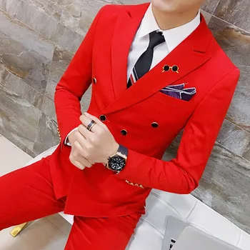 

( Jackets + Pants ) Solid Color Double Breasted Suit Groom Wedding Suits Men Dress Suit Dinner Party Prom Suit Formal Business