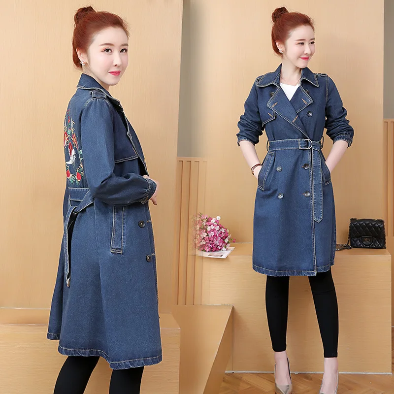 

Cotton Plus Size Women Overcoat 2019 Fashion Loose Plant Blue Printed Long Denim Jacket Autumn And Winter Jeans Overcoat 3xl 4xl