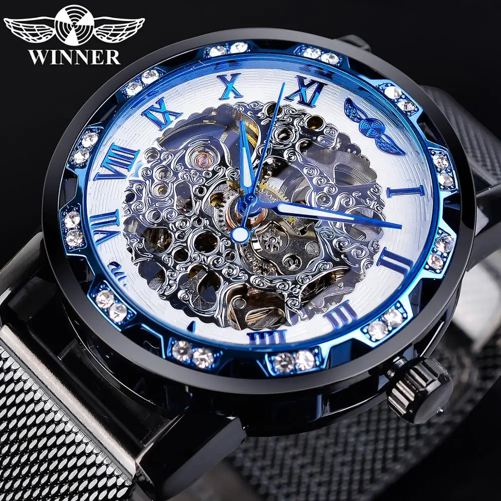 

Winner Machanical Watch Fashion Rhinestone Design Mens Watch Top Brand Male Clock Blue Dial Black Mesh Business Erkek Kol Saati