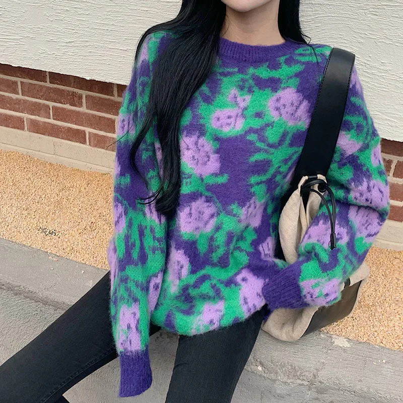 

Женский вязаный свитер с длинным рукавом, пуловер с цветочным принтом, джемпер в стиле ретро на осень и зиму, 2022