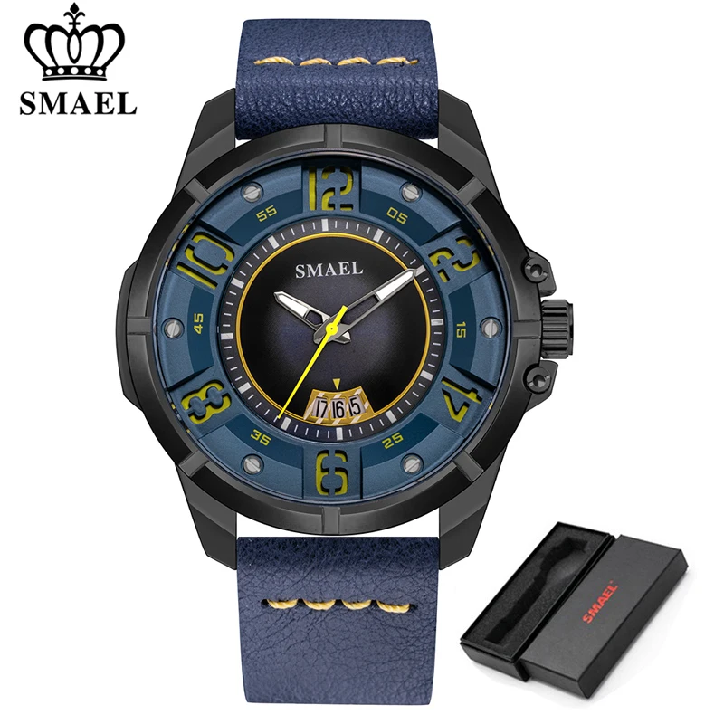 Blue SMAEL, модные мужские часы из черной кожи, Топ бренд, роскошные повседневные водонепроницаемые кварцевые часы, мужские часы, военные спортивные наручные часы - Цвет: Blue