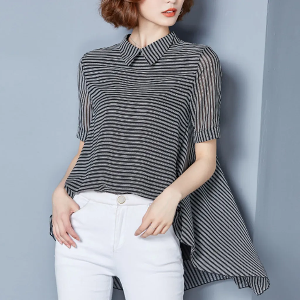 

Women Summer Casual Striped Short Sleeve Turn-down Collar Top Blouse 7.31