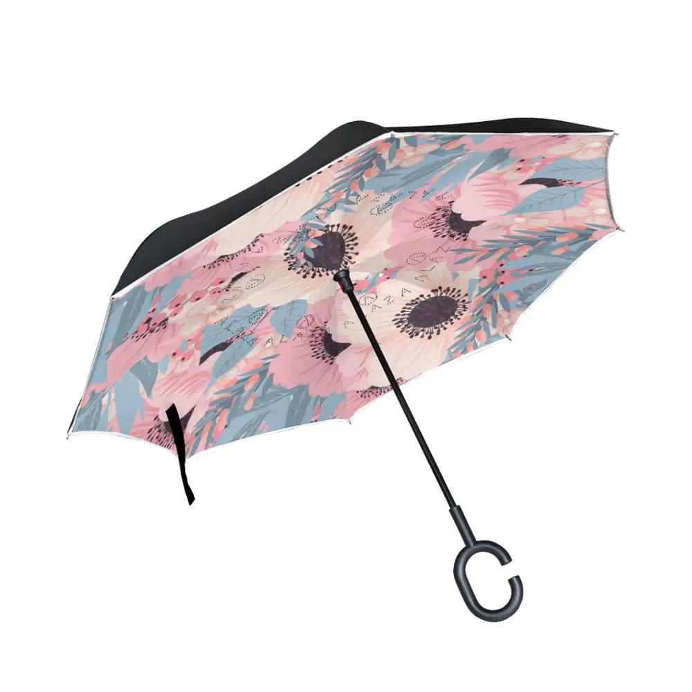 

Susino Pink Flowers Reverse Umbrella Women Men Double Layer C-Shape Handle Ladies Umbrellas Waterproof Windproof