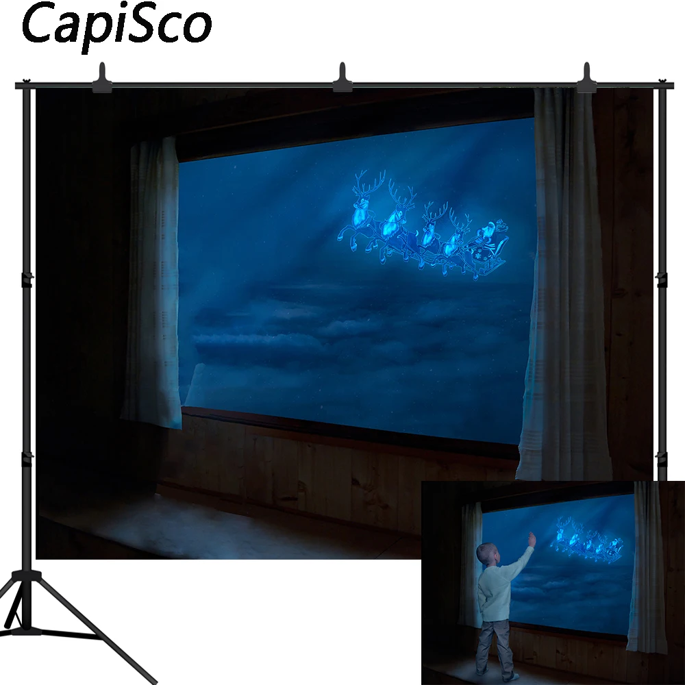Каписко Рождество фон окно ночь Санта сани семья вечерние для Фотографии Декор