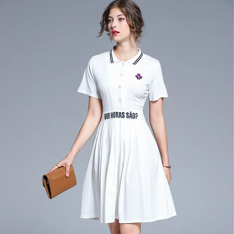 

Ozhouzhan White Short-sleeve Dress Women's 2019 New Style Fashion Beads Popular Brand Printed Versatile A- line Skirt