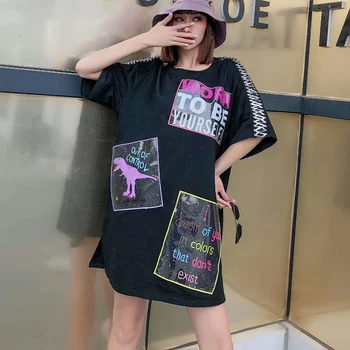 

Women Long T Shirt Slit Baggy Slogan Words Tshirt Tee Top Korean Harajuku Ladies Oversize Hipster Clothes Hip Hop T-Shirt Summer