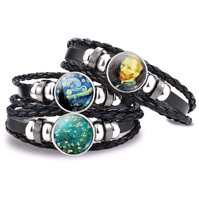Van Gogh Bracelet Art Oil Paintings Glass Cabochon Jewelry Black Leather Punk Bracelets Starry Night Sky Sunflower Men Gifts | Украшения и