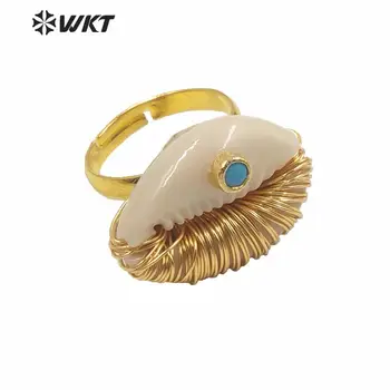 

WT-MPR003 New Summer hot design wire brass handmake wrapped natural sea cowrie ring with cz charm fashion gold summer rings