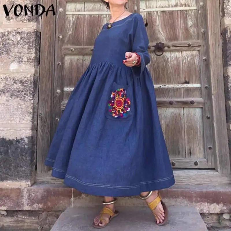 VONDA размера плюс джинсовое платье осеннее женское богемное платье с рукавом 3/4 пляжный сарафан женские повседневные свободные вечерние платья