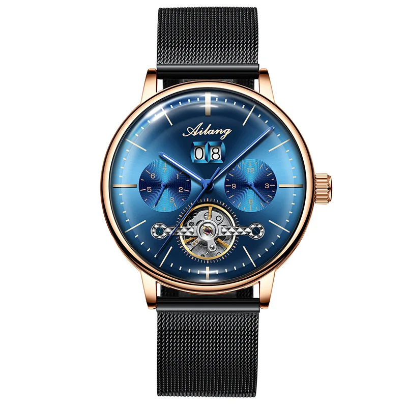 AILANG Men's Business Luminous Waterproof Tourbillon Watches Luxury Black Mesh Strap Automatic Mechanical Watch Calendar 8622A 