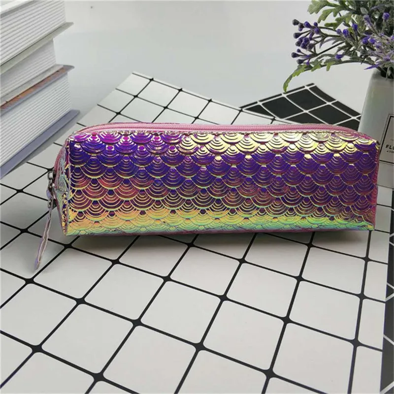 

PU Leather Fish Scale Magic Metallic Color Laser Pencil Case Wallet Woman Cosmetic Makeup Bag Handbag Waterproof Pencilcase Purs